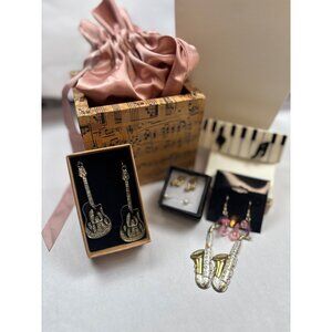 Music-Themed Jewelry Set W/ Guitar & Saxophone Earrings Piano Barrette Gift Box